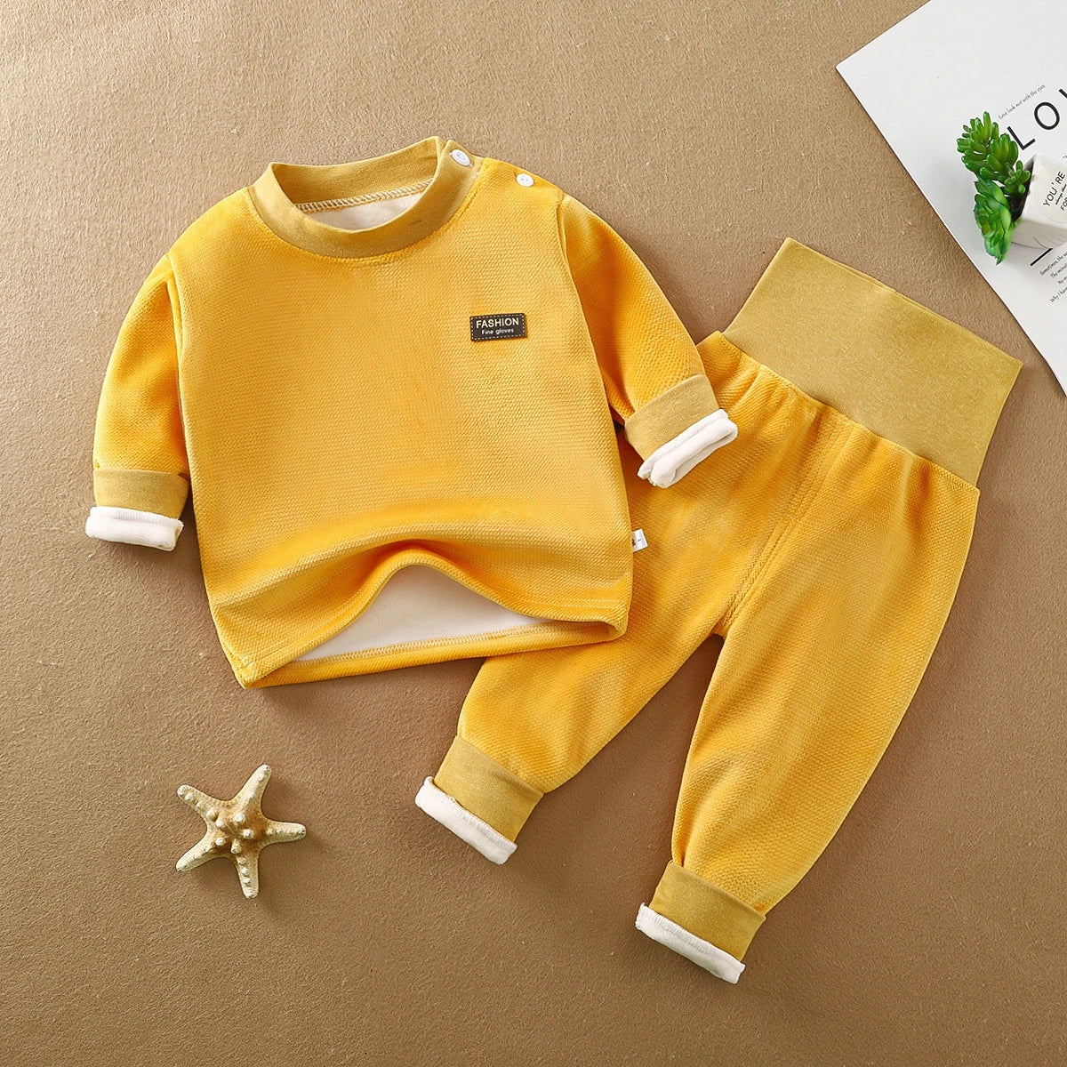 Warm underwear set for autumn and winter babies, thickened high waist and belly protection