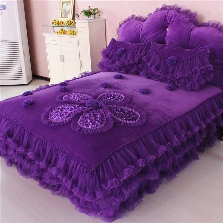 Winter Coral Fleece 4pcs Set Lace Princess Wind Pastoral Padded Plush Bed Skirt Double-sided Fleece Quilt Cover Bedding Sets