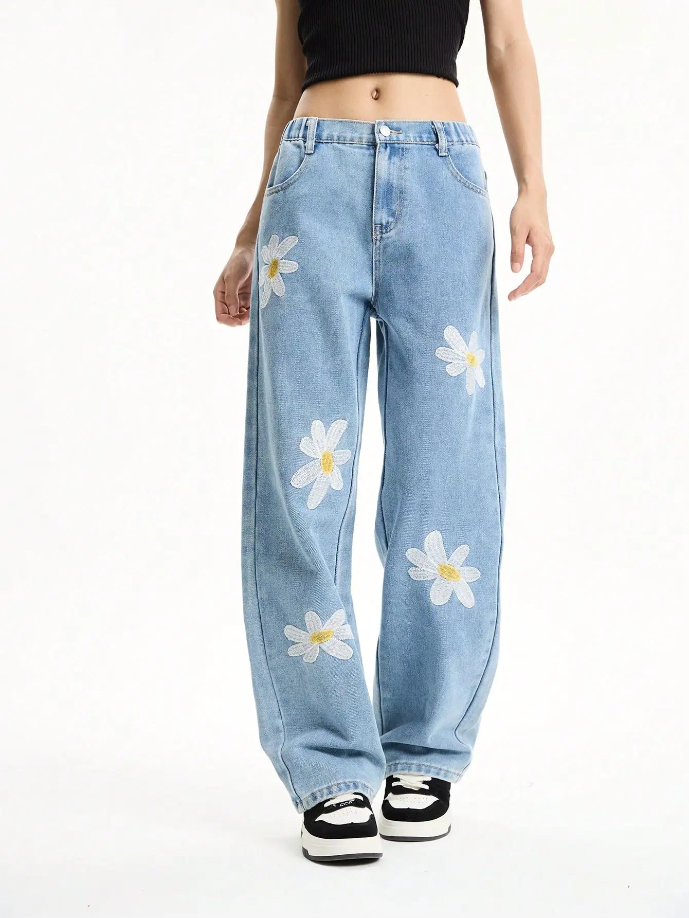 Girls' Light Blue Floral Embroidered Straight-Leg Jeans — Loose Wide-Leg Denim — variant view 6