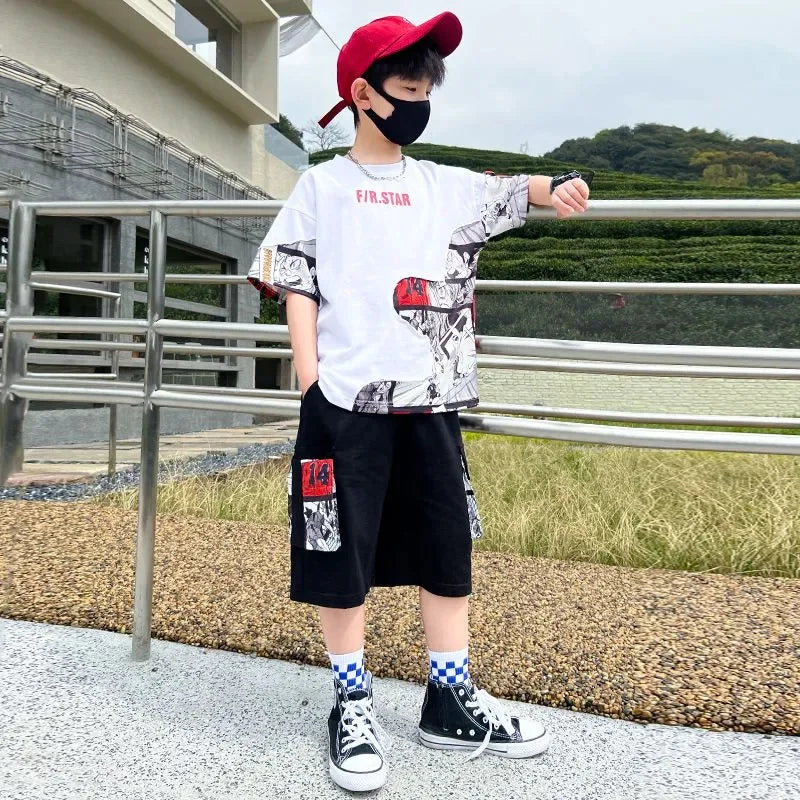 5-16T Boys Streetwear Summer Clothing Set 2023 New Fashion O-neck Print Patchwork 2 Pieces Teenager Clothes Children Outfits