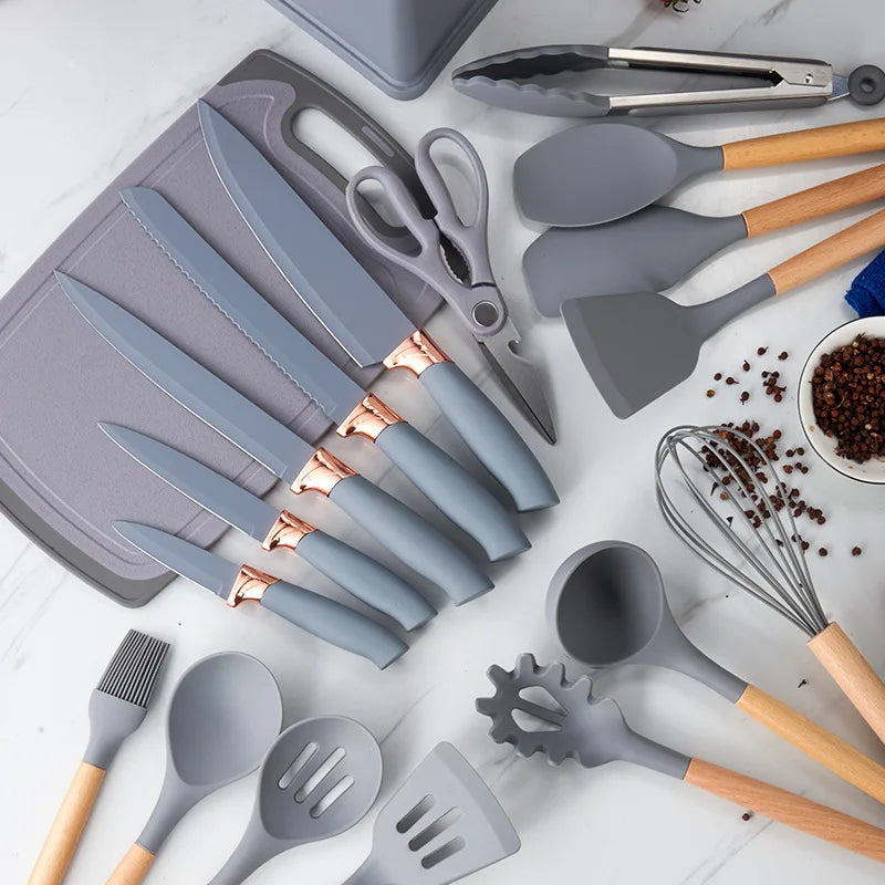 Silicone Kitchenware Set of 19 Kitchenware Tools Storage Barrel Stainless Steel Handle Knife Set Kitchen Knife Set