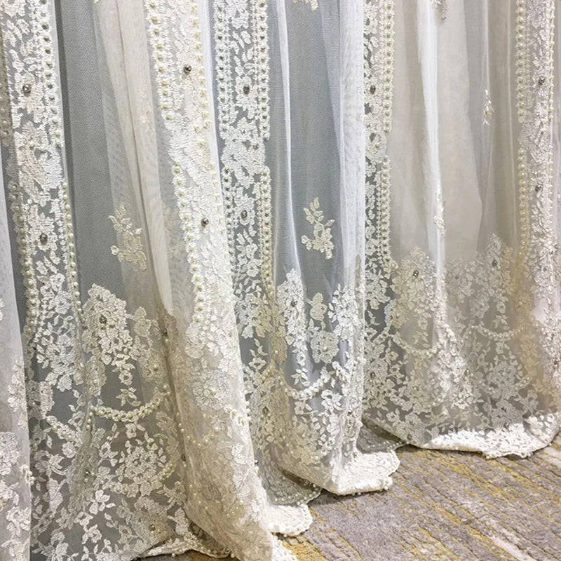 European Embroider Luxury White Tulle Sheer Curtains for Living Room Dining Bedroom Heavy Mbroidery Flowers Lace Cortinas Window