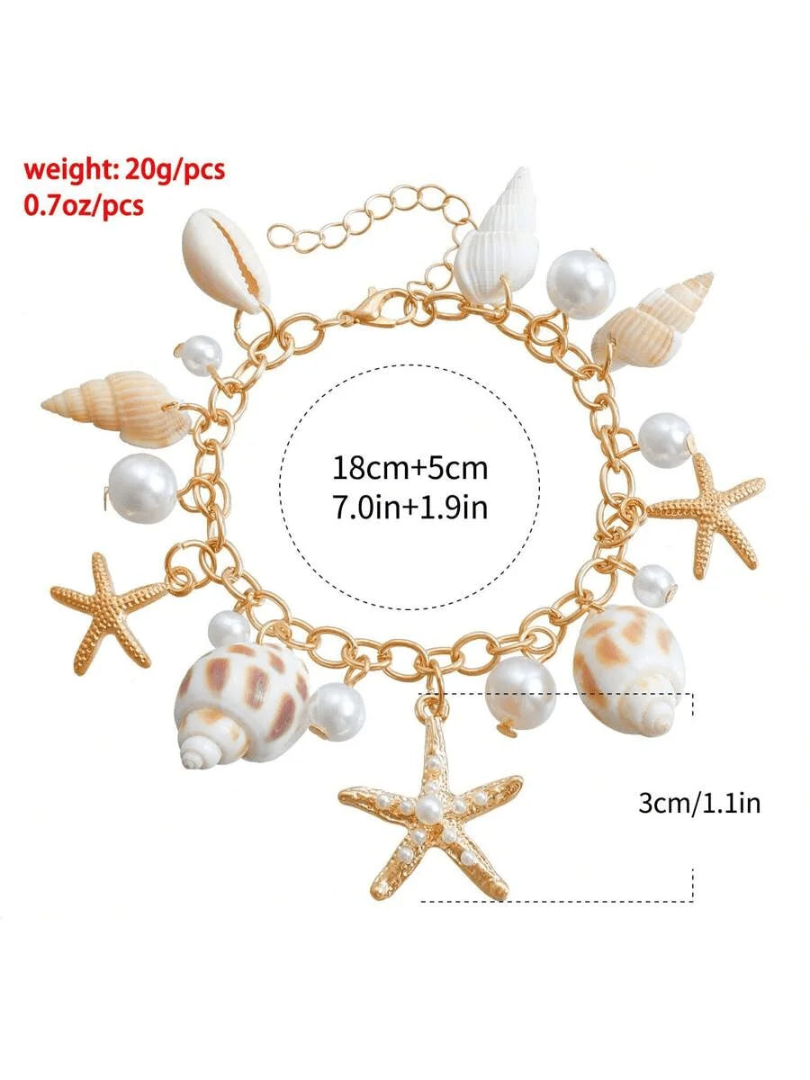 Gold Starfish & Seashell Charm Bracelet — Dainty Beach Jewelry for Women — view 6 of jewelry