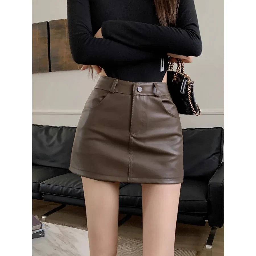 【HOT】Curry pu leather short skirt for women in autumn and winter new high waist large size fat mm slimming bag short skirt for — view 7 of product