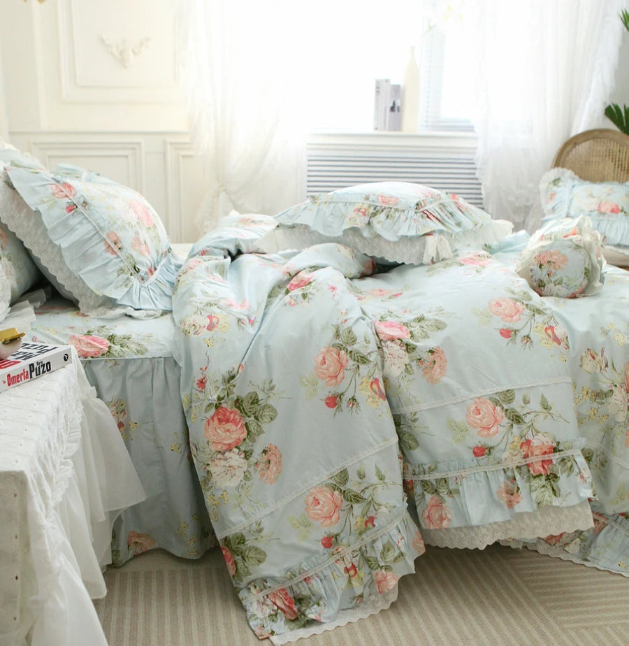 Korean 100% Cotton Floral Bedding Set – 4-Piece Duvet Cover with Flounced Cake Layer Ruffles