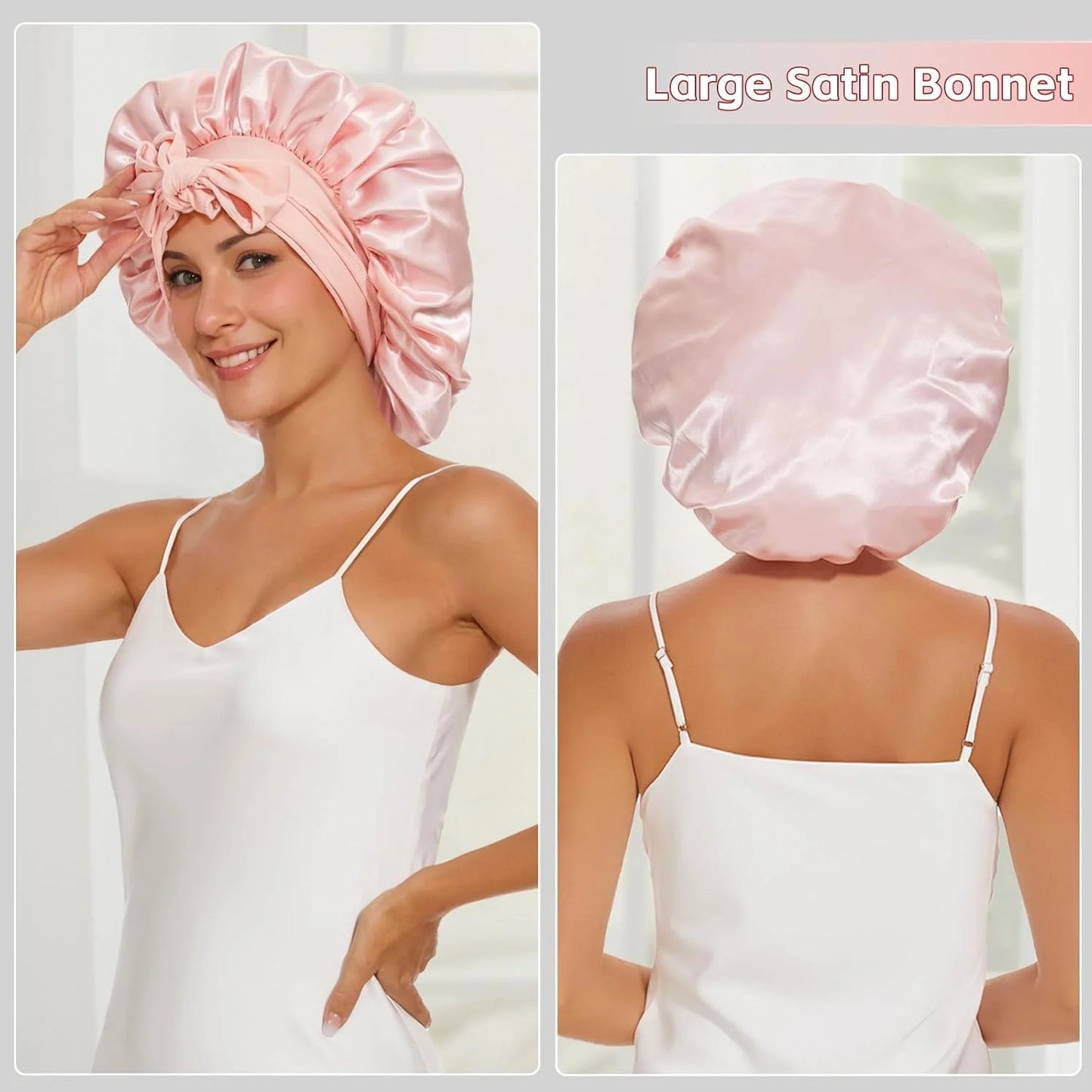 2PCS Satin Sleep Bonnets with Tie Band (Pink + Black) – Soft Hair Care Night Caps for Women