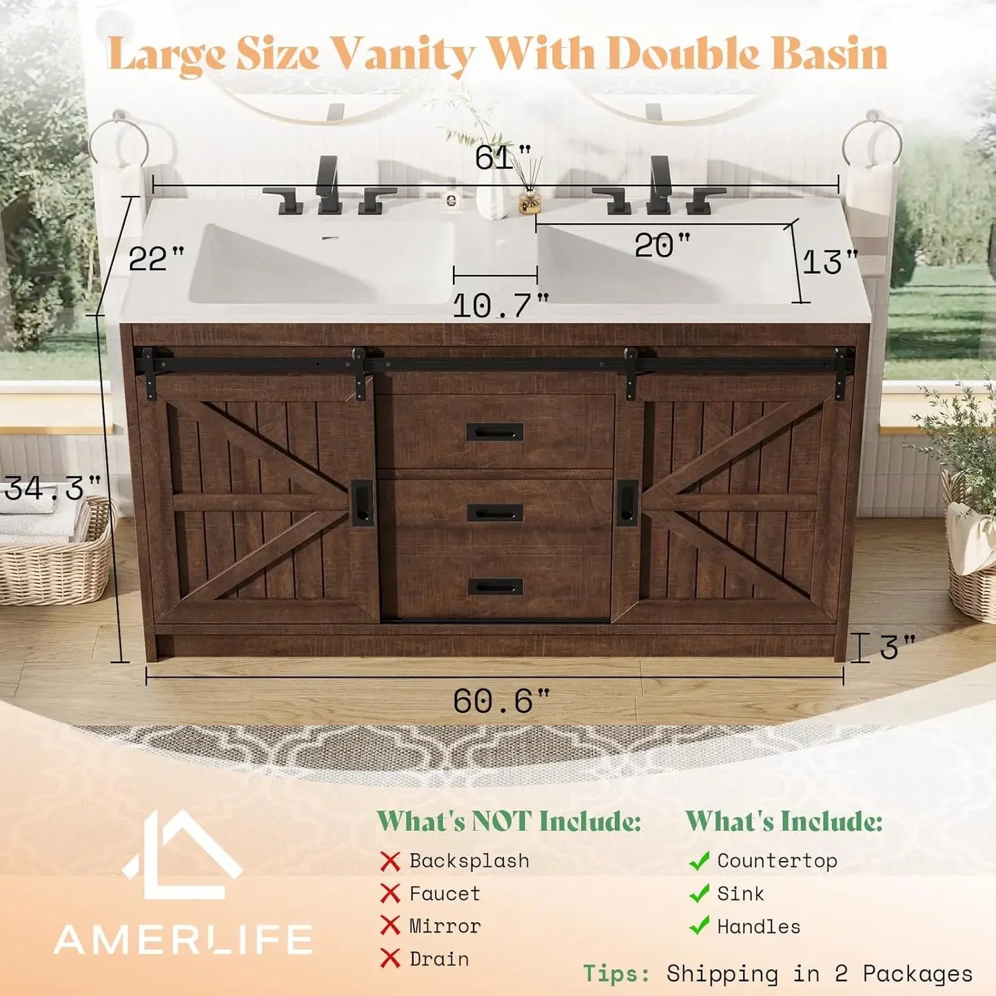 61" Farmhouse Double Bathroom Vanity – Dual Basin Sink Combo with Storage Cabinet
