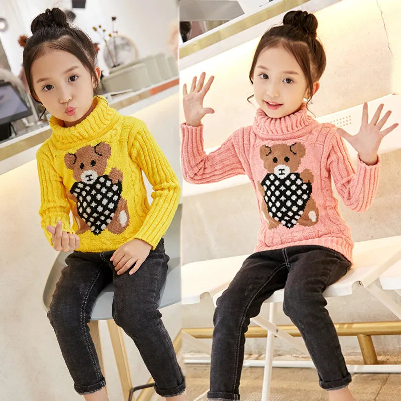 2023 Winter Boys Girls Sweater Thick Knitted Bottoming Turtleneck Shirts Solid High Collar Pullover