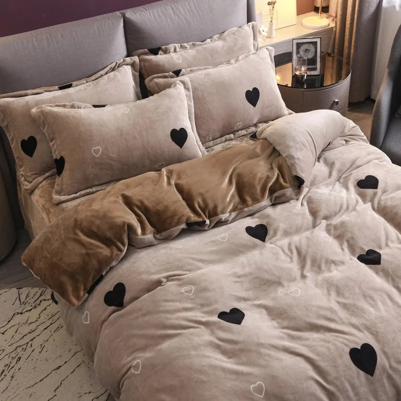 Coral Fleece Four-Piece Set Winter Thicken Thermal Double-Sided Flannel Bed Sheet Leopard Quilt Cover Milk Fiber Bedding