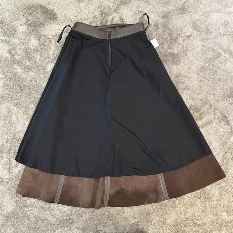 A-Line Sheepskin Leather Midi Skirt – Winter Stylish European Design with Belt