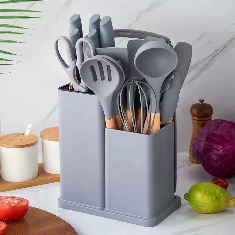 Silicone kitchenware set,19 piece non stick cooking pot with wooden handle spoon,multifunctional integrated knife storage bucket