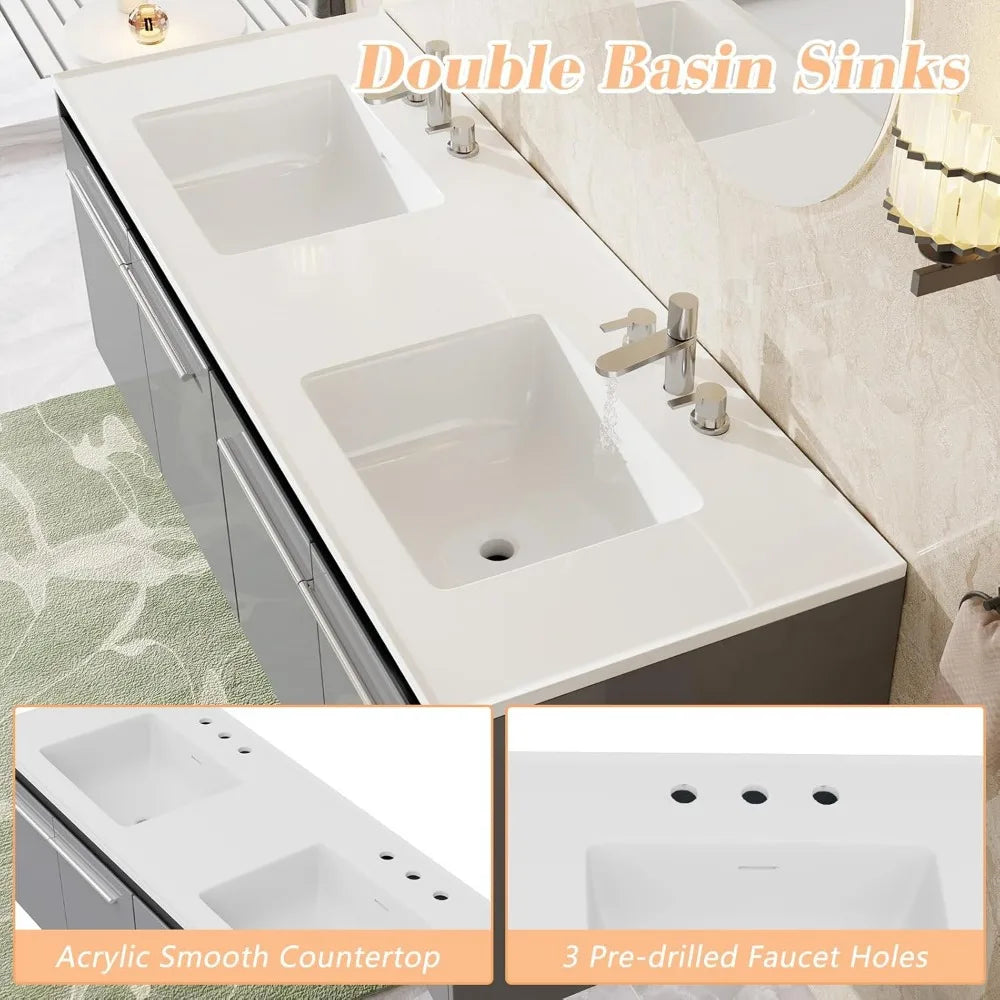 60" Floating Bathroom Vanity with Sink – Wall-Mounted Storage Cabinet with Soft-Close Doors