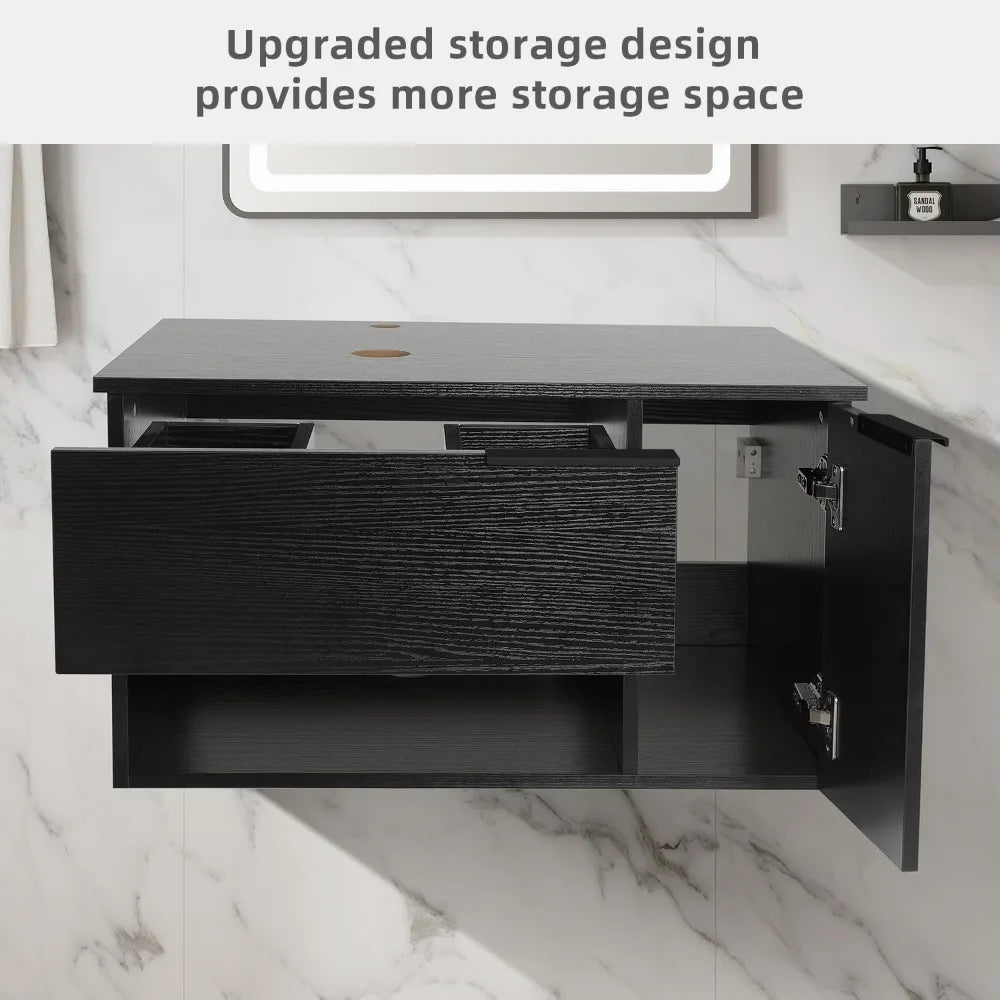 28-Inch Bathroom Vanity, Modern Black Wall Mounted Bathroom Vanity with 1-Door and 1-Drawer, Modern Floating Bathroom