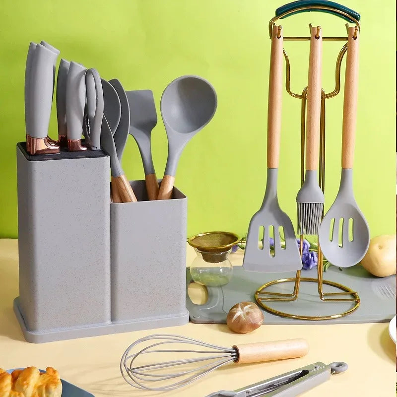 Silicone kitchenware set,19 piece non stick cooking pot with wooden handle spoon,multifunctional integrated knife storage bucket