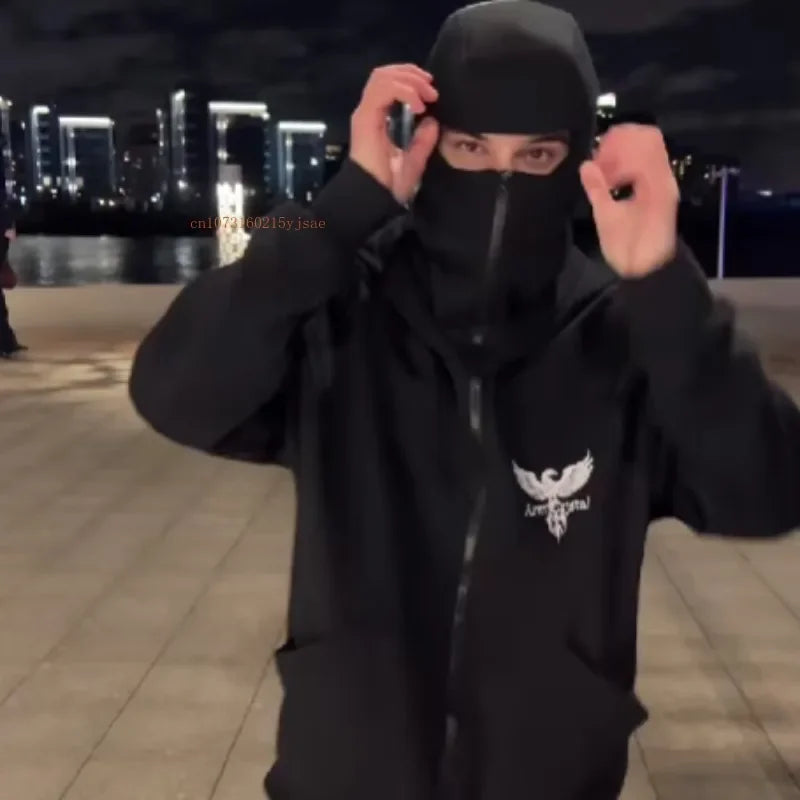 INS New Y2K Ninja Mask Hoodie – Eagle Print Double Hood Streetwear Sweatshirt