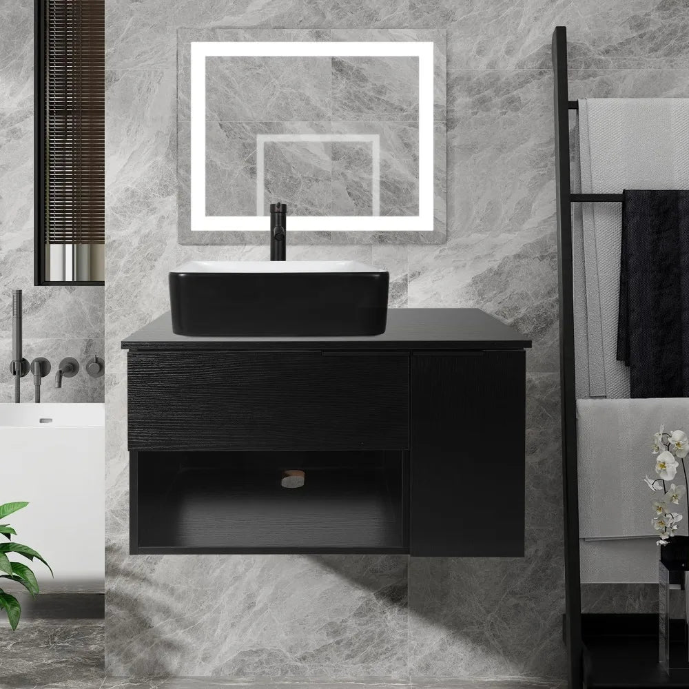 28-Inch Bathroom Vanity, Modern Black Wall Mounted Bathroom Vanity with 1-Door and 1-Drawer, Modern Floating Bathroom
