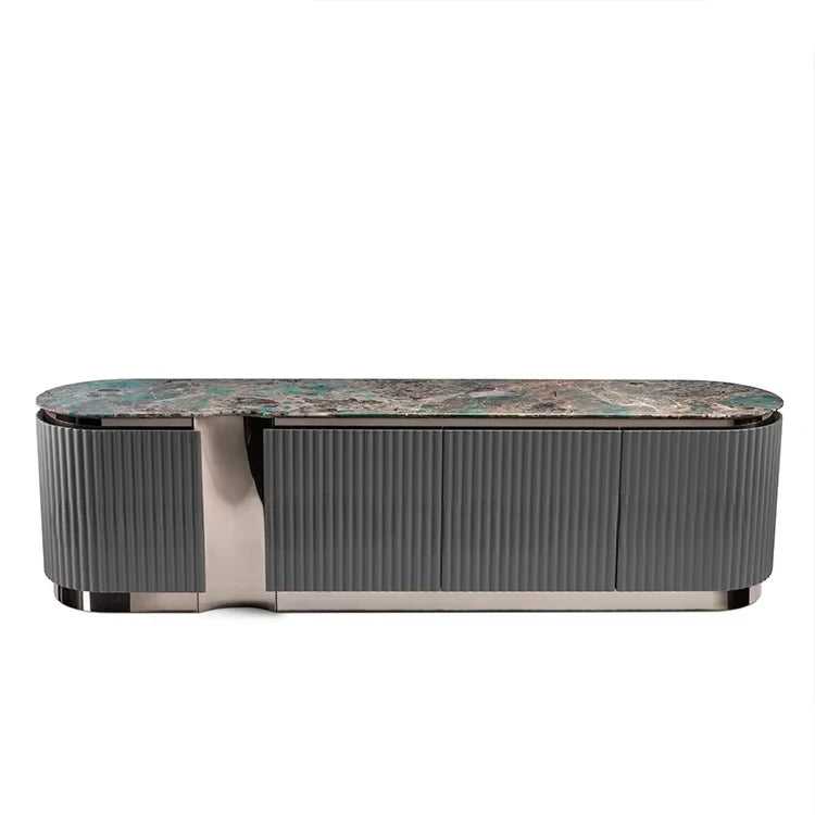 Luxury Grey Wooden TV Cabinet – Modern Marble & Stainless Steel Stand