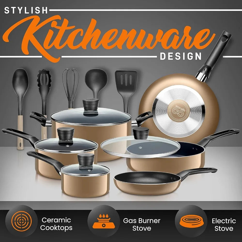 Kitchenware Pots & Pans Basic Kitchen Cookware, Black Non-Stick Coating Inside, Heat Resistant Lacquer (15-Piece Set)