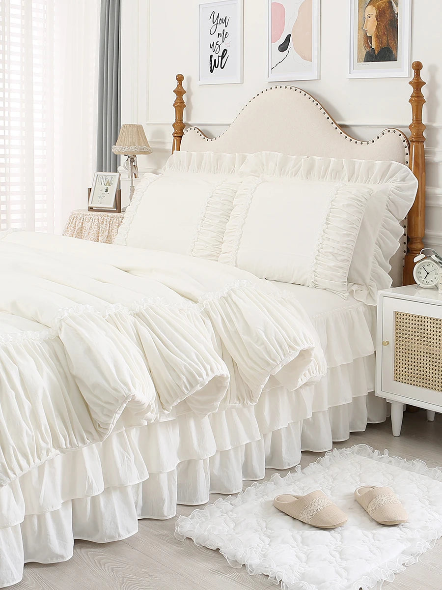 100% Premium Cotton Bedding Four Piece Set, Fairy Wind Lolita White Bed Skirt Bed Sheet Quilt Cover, Ruffle Edge Duvet Cover Set