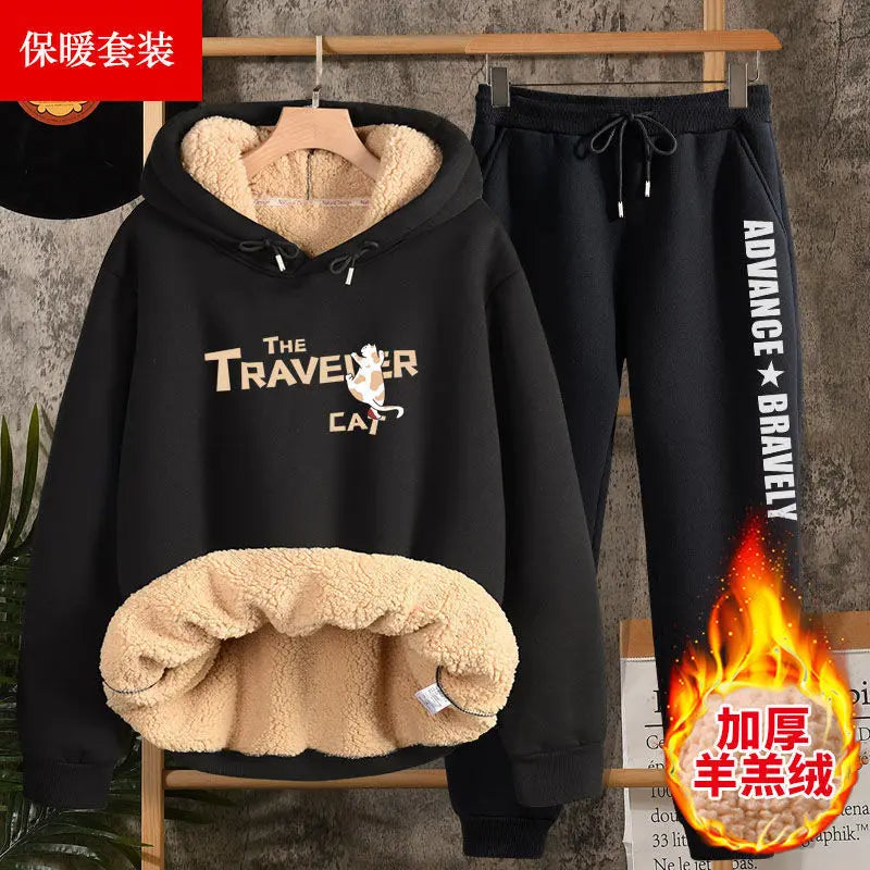 Women’s Autumn/Winter Thick Lamb Velvet Hoodie Suit – 2-Piece Harajuku Sweatshirt & Pants Set