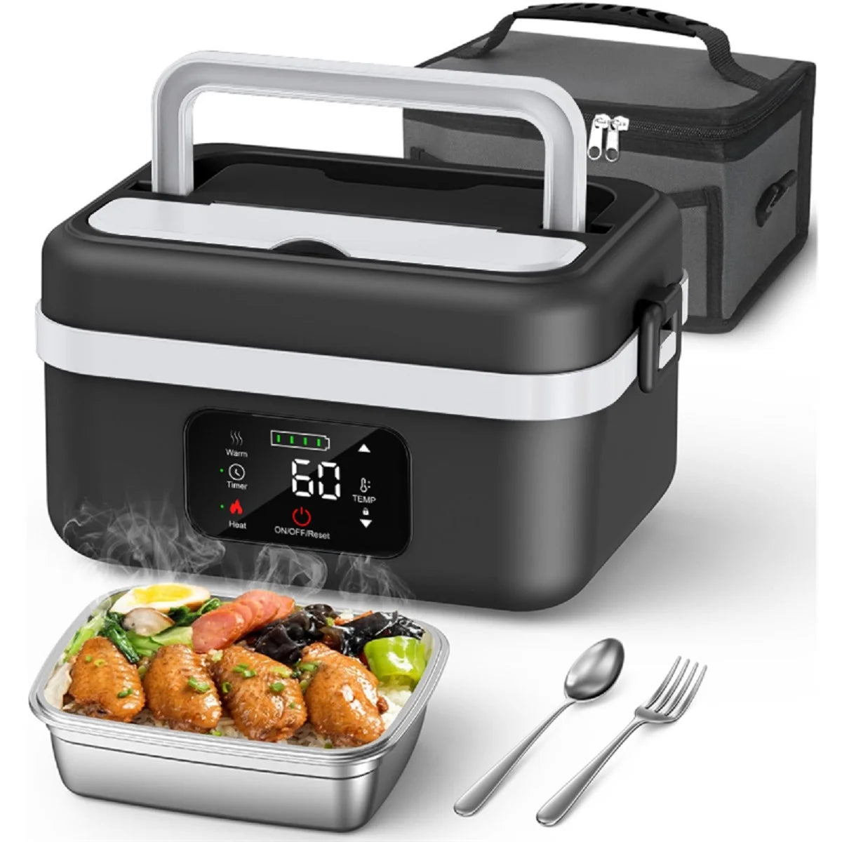 8000mAh Rechargeable Heated Lunch Box 1L Portable Electric Food Warmer with Timer Stainless Steel Container — view 7 of food storage