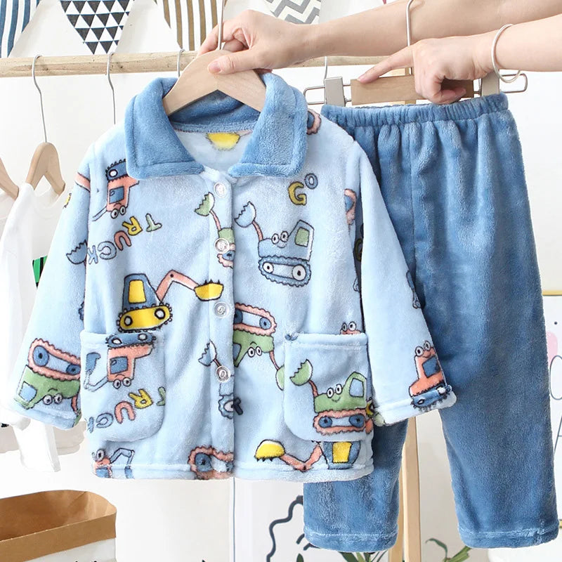 Kids Boys Girls Autumn Winter Flannel Pajama Sets Cute Cartoon Long Sleeve Lapel Tops with Pants Baby Sleepwear Clothing 1-12Y