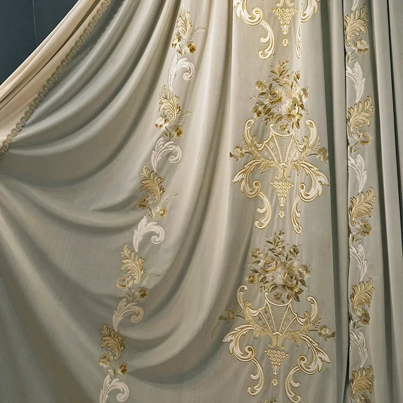 High Grade Blue Grey Embroidery Velvet Splicing Thickened Curtains for Living Room Bedroom Villa French Window Valance