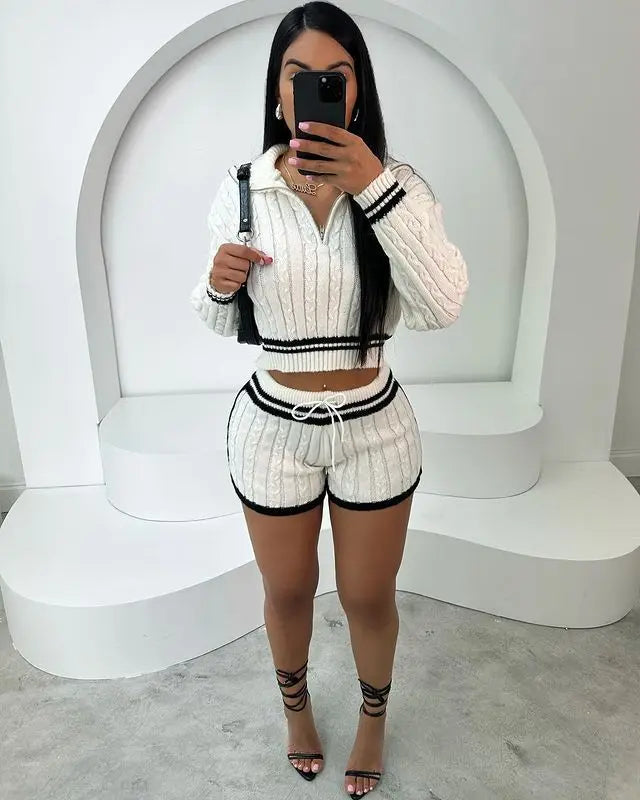 5 Sets Women’s Twist Knitting 2-Piece Set – Zipper Pullover Sweater + Drawstring Shorts