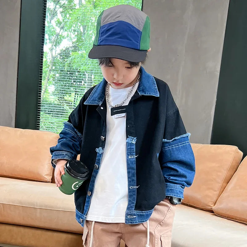 2025 Boys' Jean Coat – Patchwork Windbreaker Jacket for Kids & Teenagers (Ages 3-14)