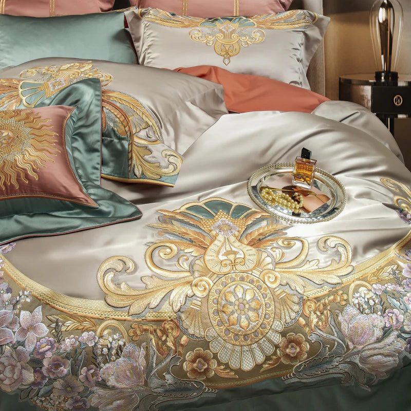 4/6/9pcs Vintage Floral Gold Embroidered Bedding Set – Egyptian Cotton Duvet Cover, Sheets & Pillowcases