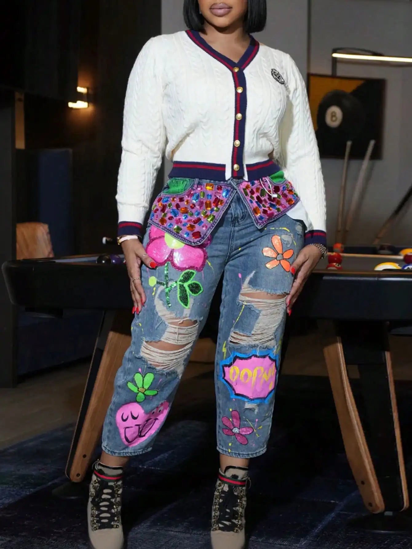 Rhinestone Graffiti-Print Distressed Jeans — Party Streetwear Statement Denim — variant view 5