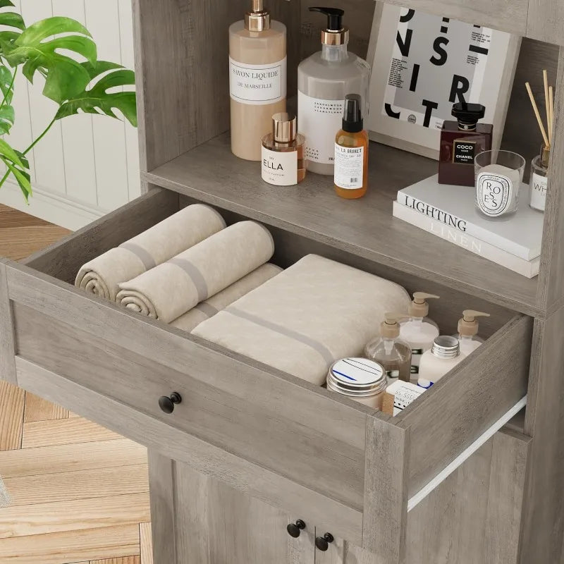 Tall Bathroom Storage Cabinets with 4 Doors & Shelves & Drawer, 67” Tall Storage Cabinet Freestanding for Bathroom, Brown