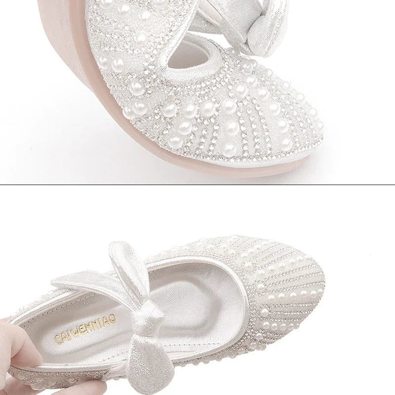 Flower Girls' White Wedding Shoes – Elegant Pointed Toe Princess Dress Shoes with Pearls & Shine