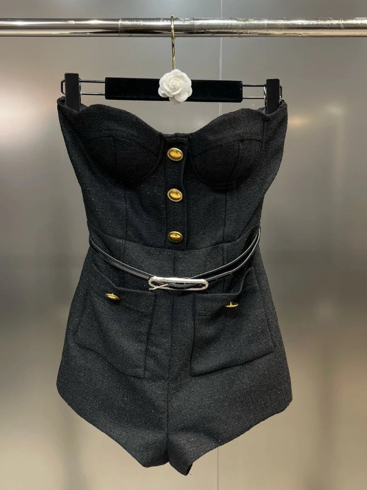 Sexy Spice Girls-Inspired Black Woven 2-Piece Suit – Blazer Coat + Bra Bodysuit Shorts with Belt (Autumn Edition)