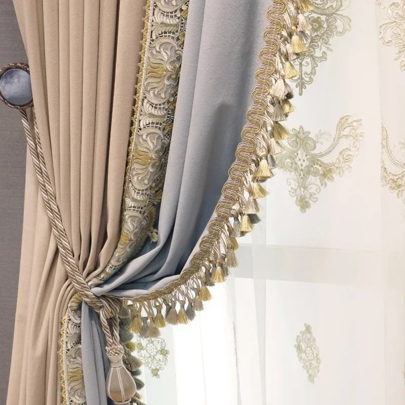 Luxury European Palace Velvet Blackout Curtains – Hand-Embroidered Gauze Drapes for Living Room & Bedroom
