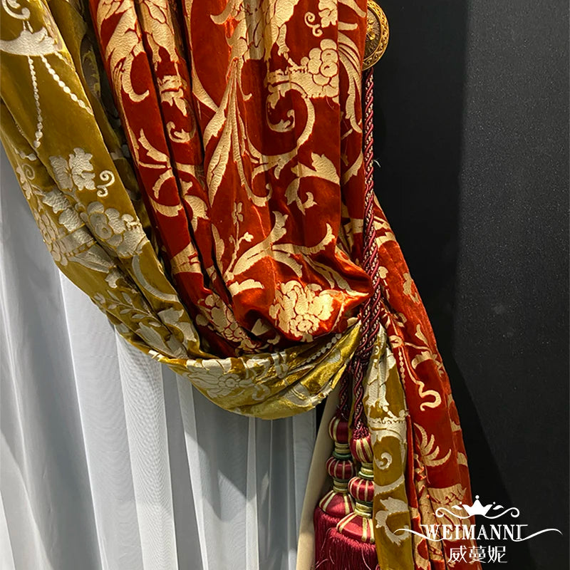 Custom luxury velvet bronzing American retro living room bedroom red thick cloth valance blackout curtain tulle drape C1993