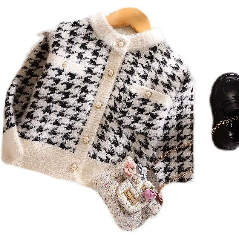 Girls' Autumn Winter Y2K Sweet Houndstooth Cardigan Long Sleeve Kawaii Kids Sweater Fashion Lively Cute Korean Children's Tops