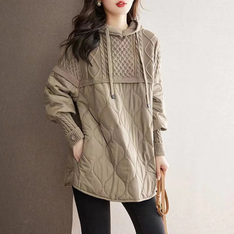 Fake Two Piece Women Midi Hoodies 2024 New Autumn Winter Patchwork Hooded Female Pullover Sweaters Drawstring Parkas