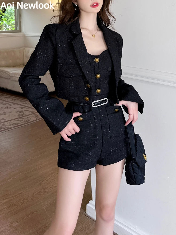 Sexy Spice Girls-Inspired Black Woven 2-Piece Suit – Blazer Coat + Bra Bodysuit Shorts with Belt (Autumn Edition)