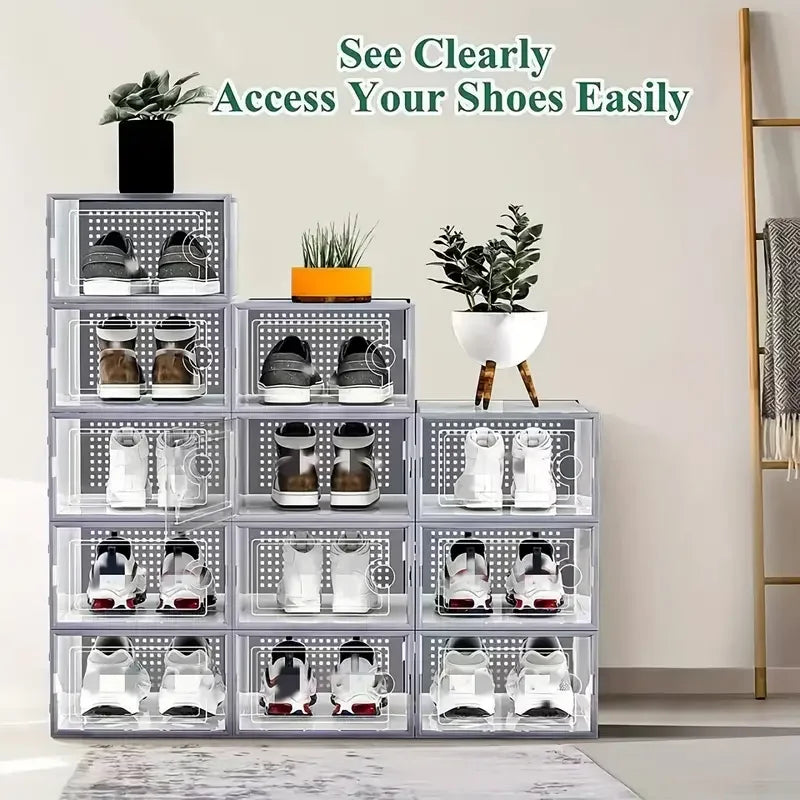 Clear Stackable Shoe Storage Boxes with Lids (6 or 12 Pack) – Foldable Space-Saving Organizer