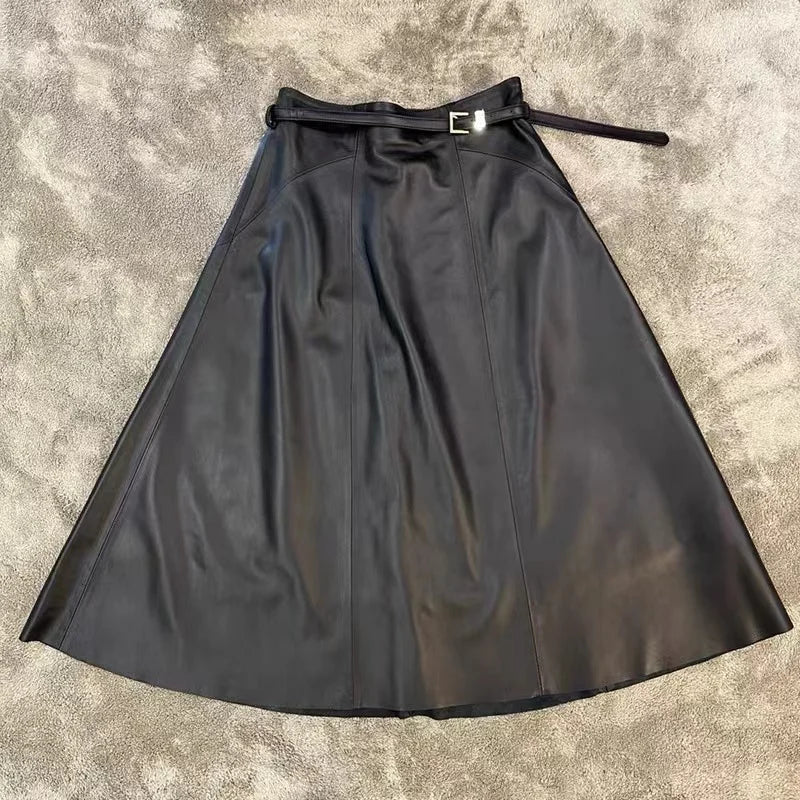 A-Line Sheepskin Leather Midi Skirt – Winter Stylish European Design with Belt