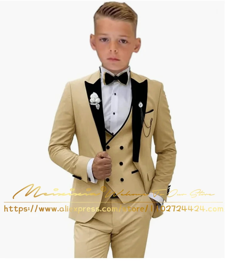 White Boys’ 3-Piece Formal Wedding Tuxedo Suit – Jacket, Vest & Pants Set (Ages 2–16, Custom Sizes Available)