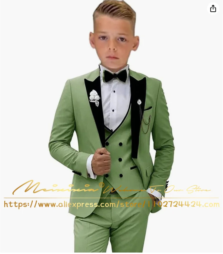 White Boys’ 3-Piece Formal Wedding Tuxedo Suit – Jacket, Vest & Pants Set (Ages 2–16, Custom Sizes Available)