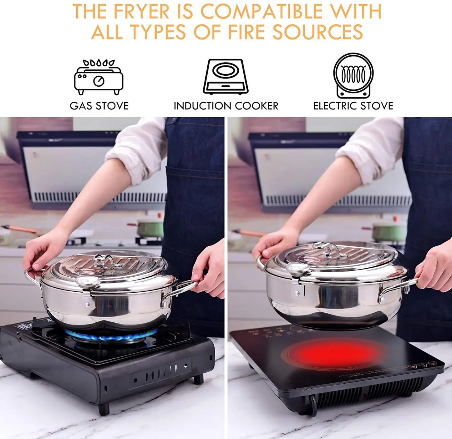 Japanese Style Deep Fryer Stainless Steel With Thermometer And Basket And Lid Kitchen Tempura Fry Pan Deep Fry Kitchenware