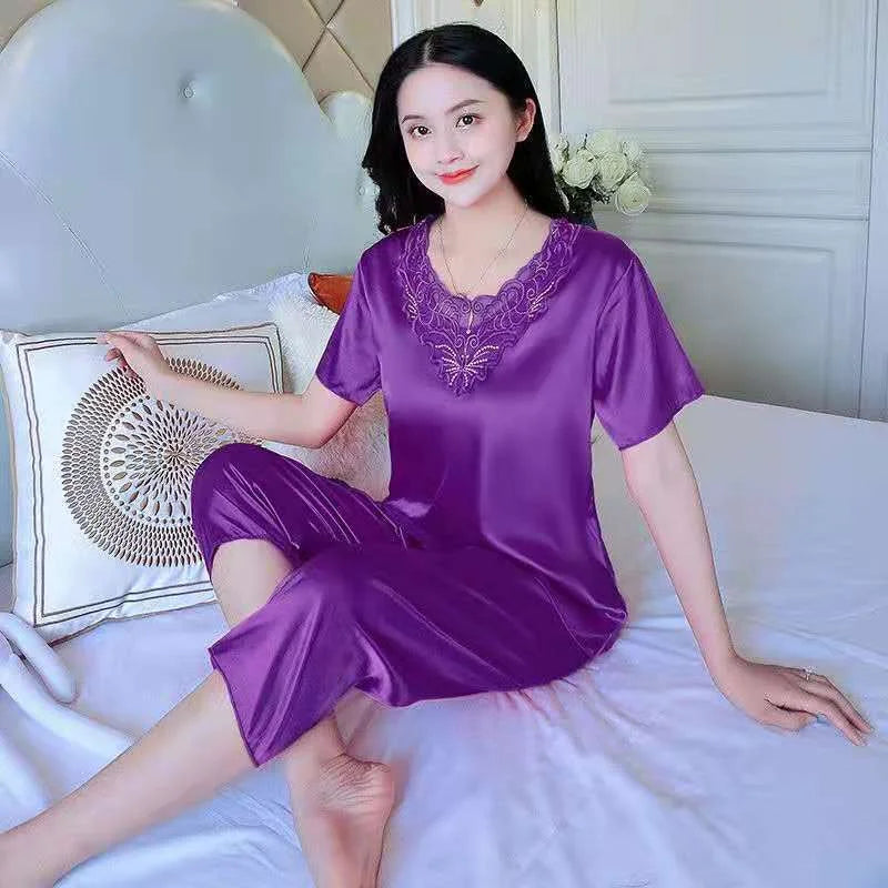Plus Size 3XL Satin Pajamas Set Women's Pajamas Casual Pants 2 Piece Set Sleepwear Female Home Suit