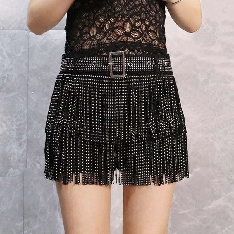 Women’s Tassel Diamond Denim Shorts – Trendy Korean Fashion Dance
