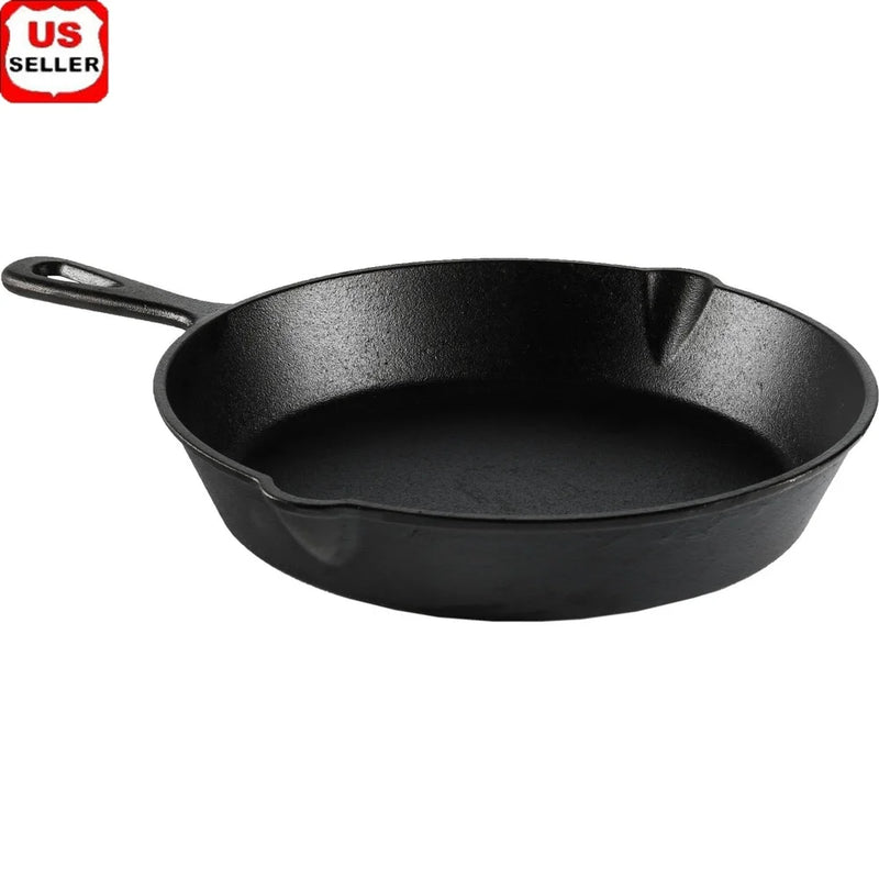 Cast Iron Skillet 10.5" Pre-Seasoned Heavy-Duty Frying Pan with Pour Spouts Oven-Safe Campfire-Ready