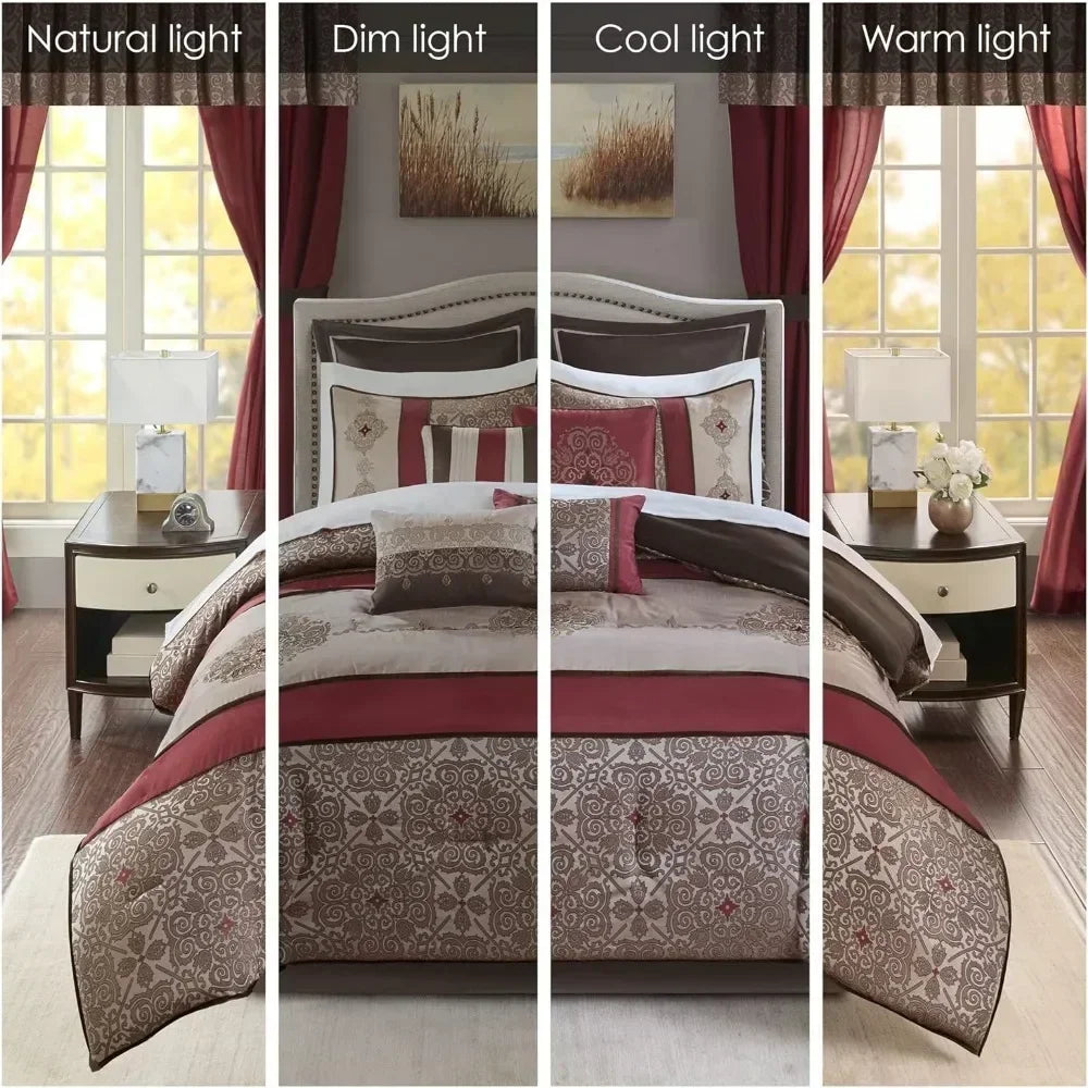 24-Piece Room In A Bag Comforter Set-Satin Jacquard, All Season Luxury Bedding, Sheets, decorative pillows and Curtains, Queen