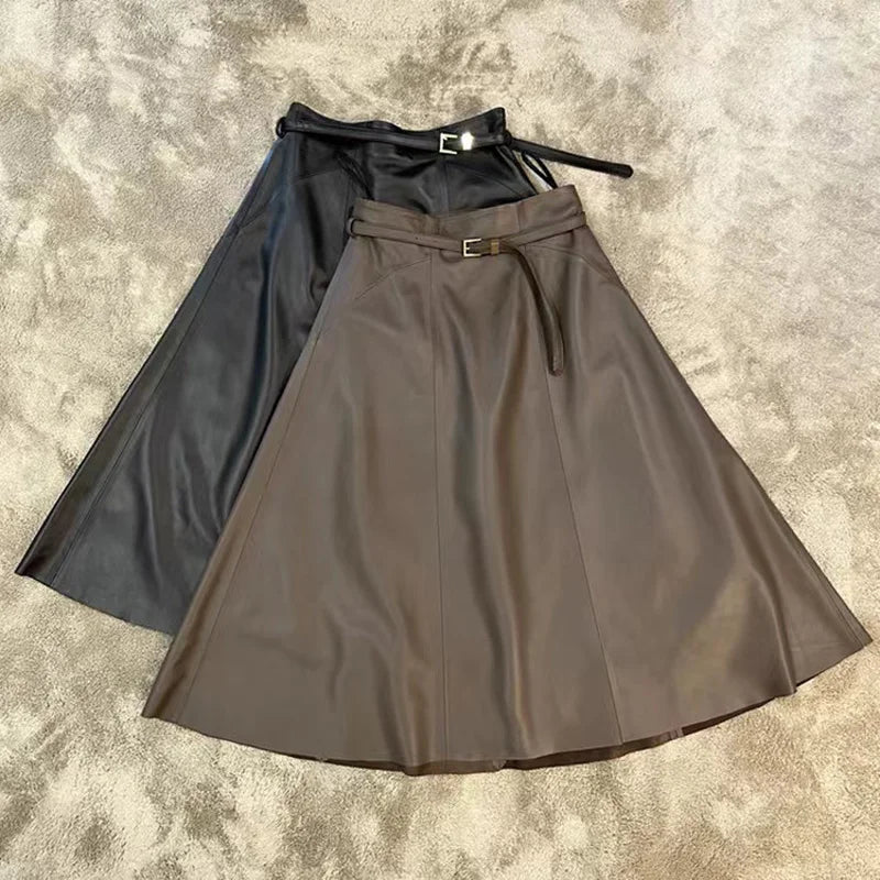A-Line Sheepskin Leather Midi Skirt – Winter Stylish European Design with Belt