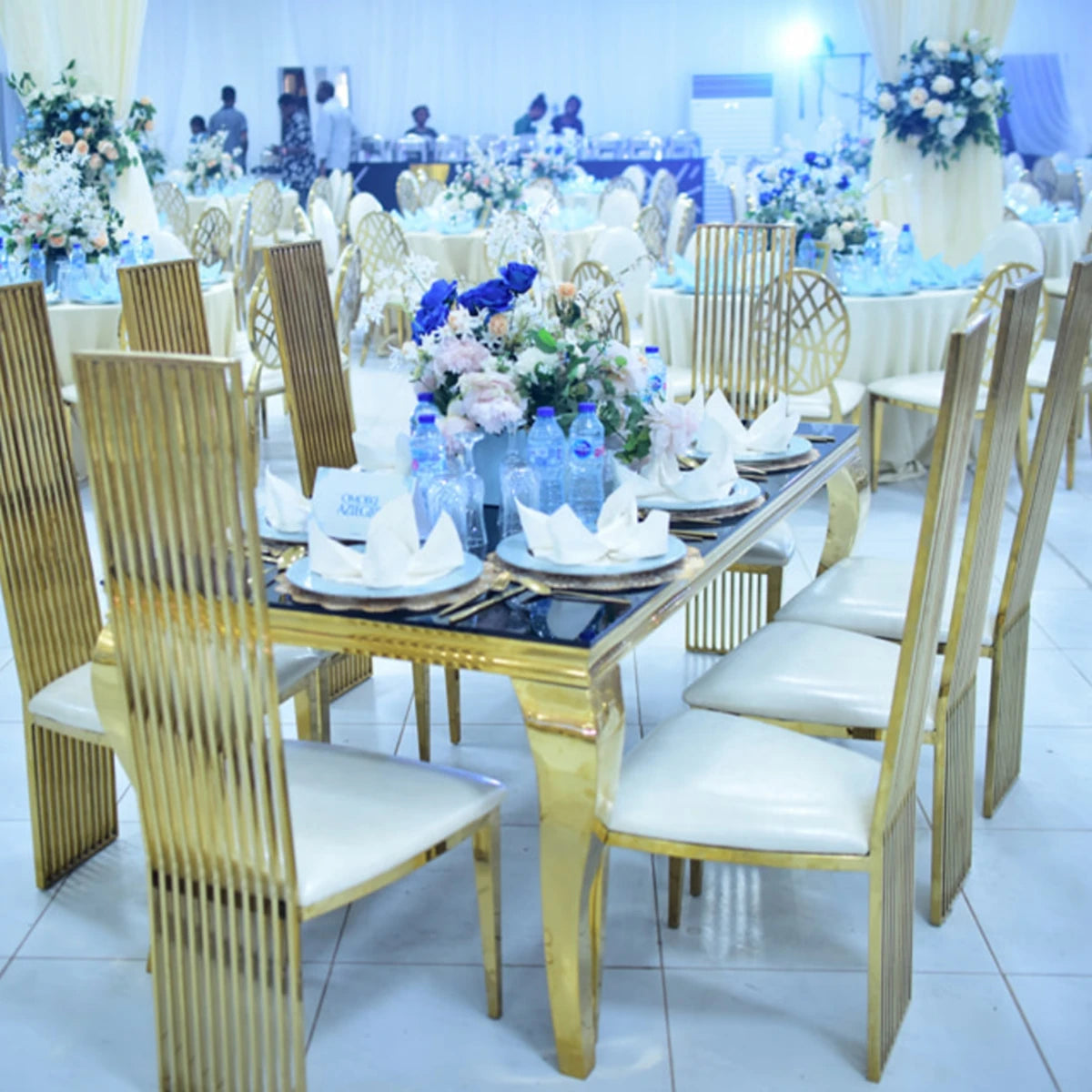 30pcs Stainless Steel Wedding & Event Chairs – Gold & White Back Design for Dining, Restaurant, or Hotel